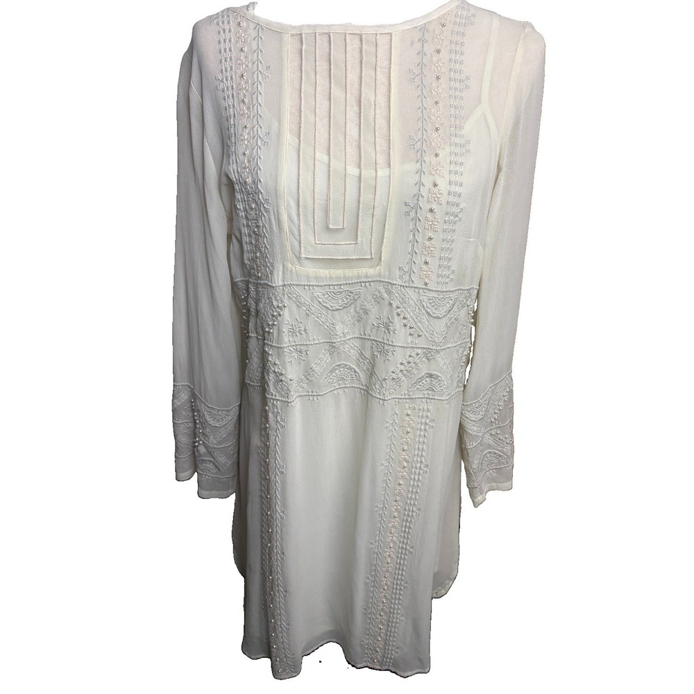 Sundance 100% Silk Embroidered Tunic Top Womens 10 Cream Pearl Boho Romantic